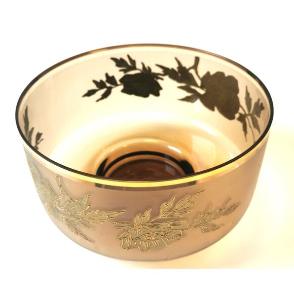 Amber Glass Vintage Gold Floral Accents Serving Dish Gold Gilt Band - Picture 8 of 9